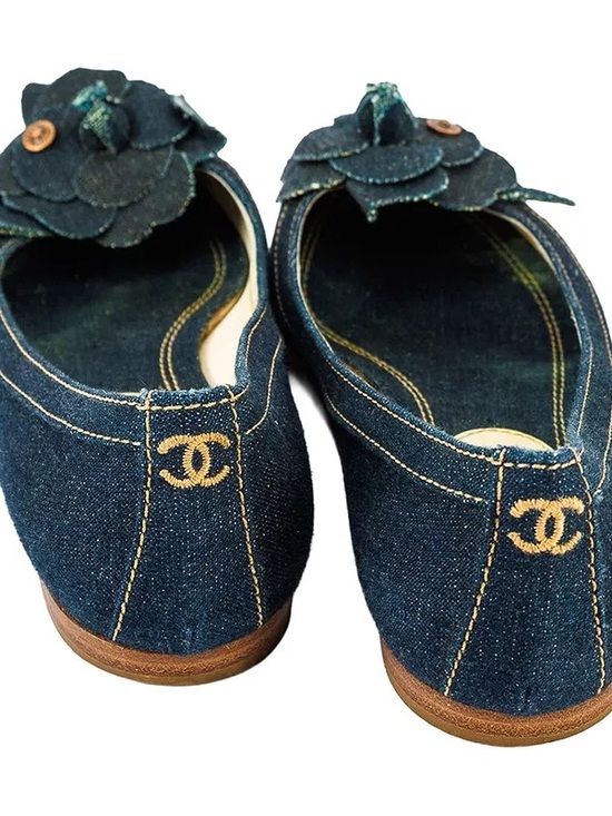 CHANEL Shoes - CHANEL Dark Blue Denim Camellia Ballet Flats with Gold Stitching